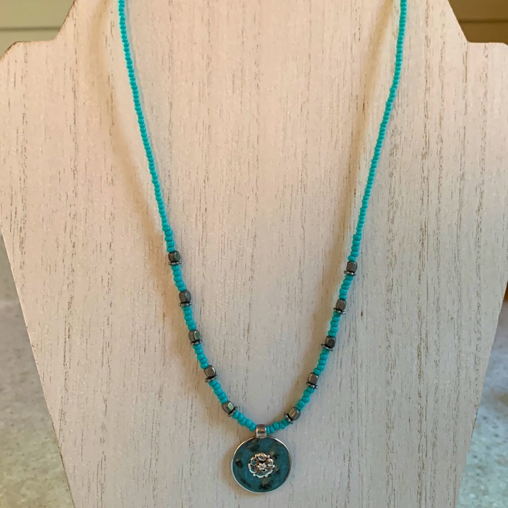 Silver Tone & Turquoise Beaded Pendant Necklace